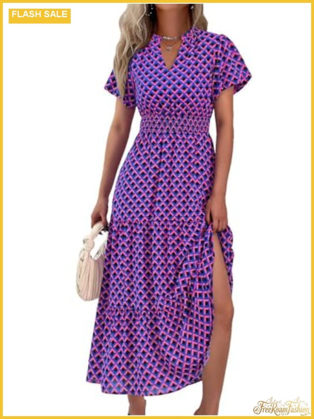 Floral Maxi Dress Puff Short Sleeve V Neck Smocked Waist Pockets